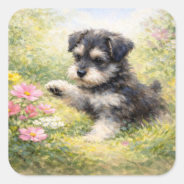 シュナウザーの子犬と春の花 スクエアシール