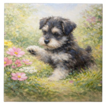 シュナウザーの子犬と春の花