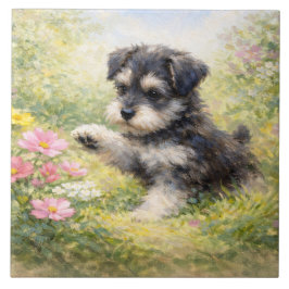 シュナウザーの子犬と春の花 タイル