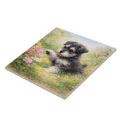シュナウザーの子犬と春の花 タイル (側面)
