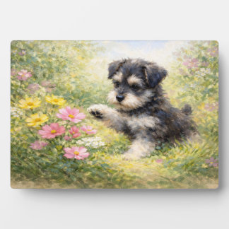 シュナウザーの子犬と春の花 フォトプラーク