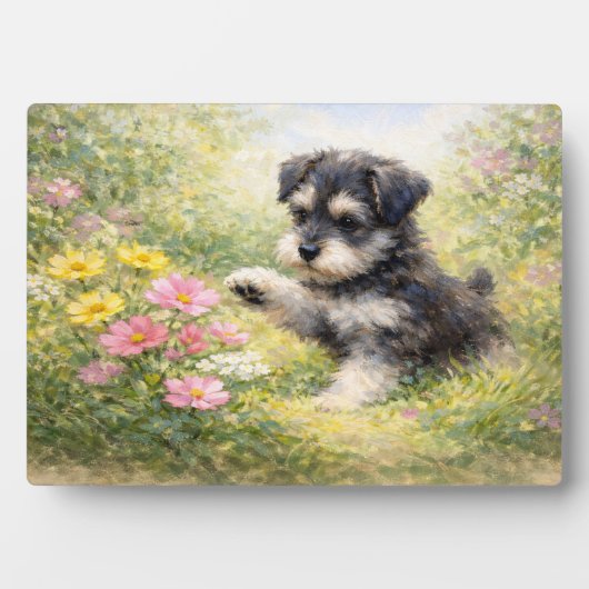シュナウザーの子犬と春の花 フォトプラーク (正面)
