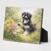 シュナウザーの子犬と春の花 フォトプラーク (側面)