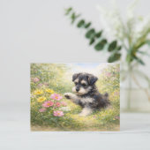 シュナウザーの子犬と春の花 ポストカード (スタンド正面)