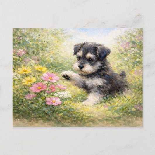 シュナウザーの子犬と春の花 ポストカード (正面)