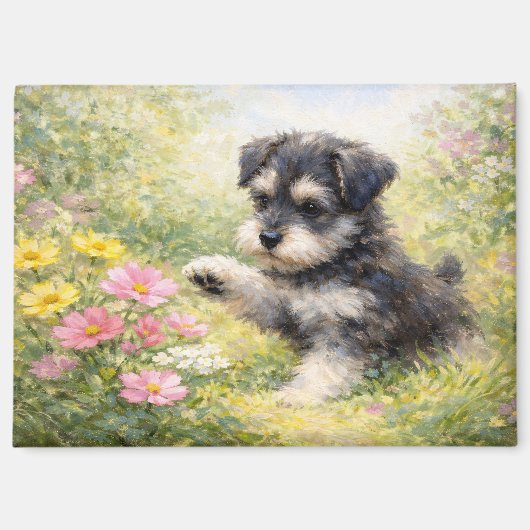 シュナウザーの子犬と春の花 マグネット (正面)