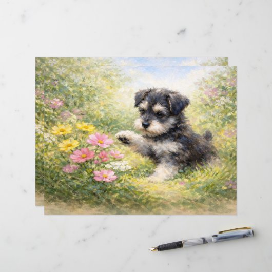 シュナウザーの子犬 春の花 スクラップブックペーパー (正面/裏面インサイチュ)