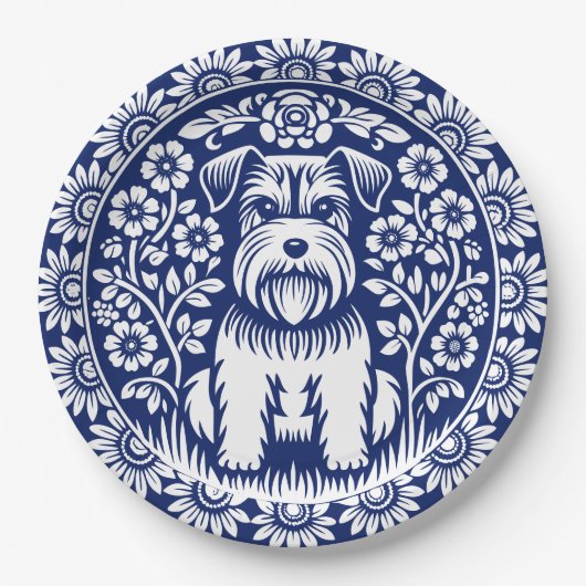 シュナウザーまたはノーフォークテリア魅力的フォークアート ペーパープレート (正面)
