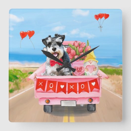 シュナウザードグバレンタインズデイトラックハート スクエア壁時計 (正面)