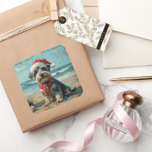 シュナウザードッグクリスマスヴィンテージビーチ スクエアシール (ギフト)