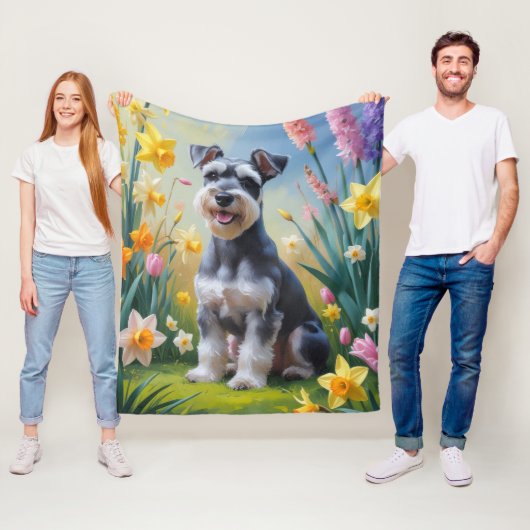 シュナウザー犬の春の花の絵画  フリースブランケット (インサイチュ)