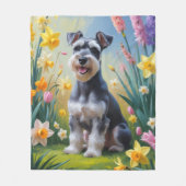 シュナウザー犬の春の花の絵画  フリースブランケット (正面)