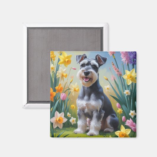 シュナウザー犬の春の花の絵画 マグネット (正面/裏面)