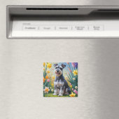 シュナウザー犬の春の花の絵画 マグネット (インサイチュ (食洗機))