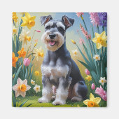 シュナウザー犬の春の花の絵画 マグネット (正面)