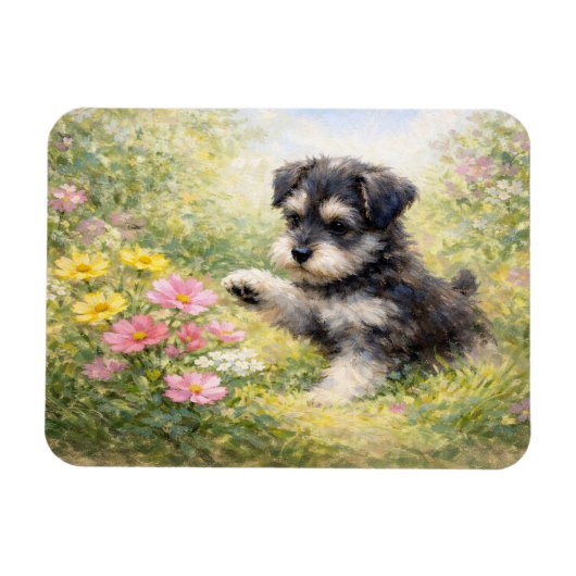 シュナウザー 子犬 春の花 フレキシブル マグネット (横)