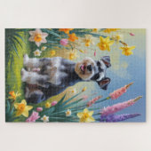 シュナウザー 犬 春の花 絵画 ジグソーパズル (横)