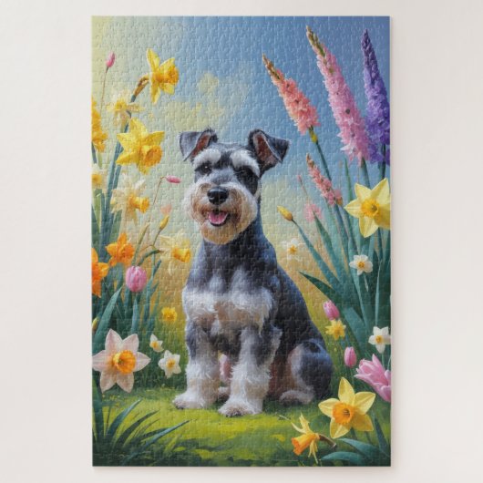 シュナウザー 犬 春の花 絵画 ジグソーパズル (縦)