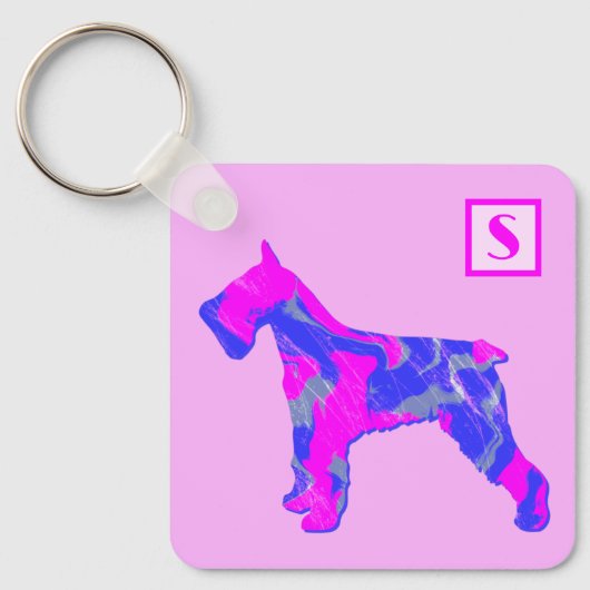 シュナウツァーキュートドッグピンク&ブルーシルエットモノグラム キーホルダー (正面)