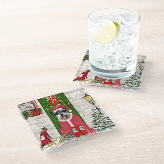 シュナウツァードッグクリスマス ガラスコースター (アングル)