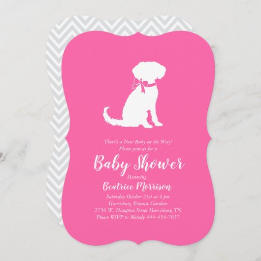 シュヌードルドッグ赤ちゃんシャワーガールピンク 招待状 (正面/裏面)