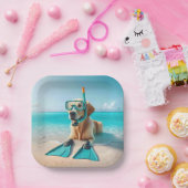 シュノーケルとフリッパーを着たゴールデンレトリバー ペーパープレート (パーティー)