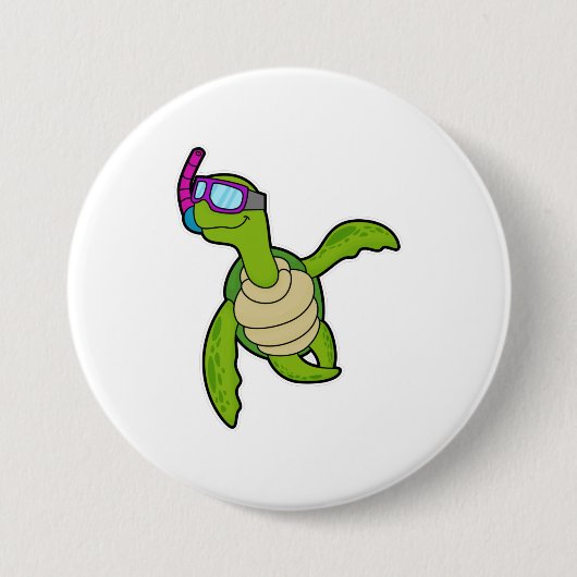 シュノーケルと一緒に泳ぐ亀 缶バッジ (正面)