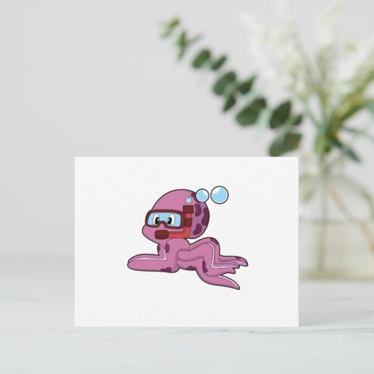 シュノーケルをつけたタコのダイバー ポストカード (スタンド正面)