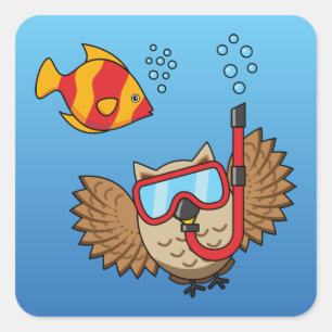 シュノーケルマスクと熱帯魚のフクロウ スクエアシール