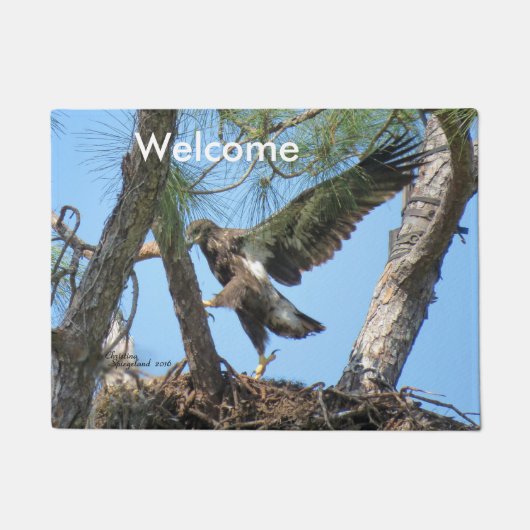 シュピーゲランド島を飛ぶ準備ができている若いイーグル ドアマット (正面)