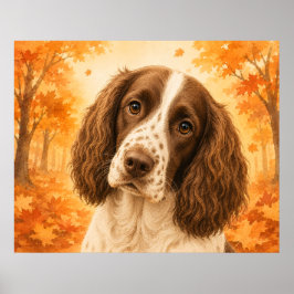 シュプリンガー・スパニエル 紅葉の森の犬 ポスター