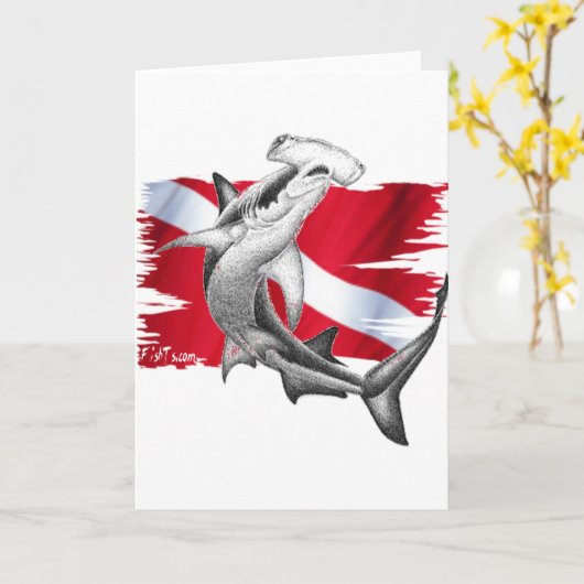 シュモクザメの鮫ダイバーが付いている飛び込みの旗 カード (黄色い花)