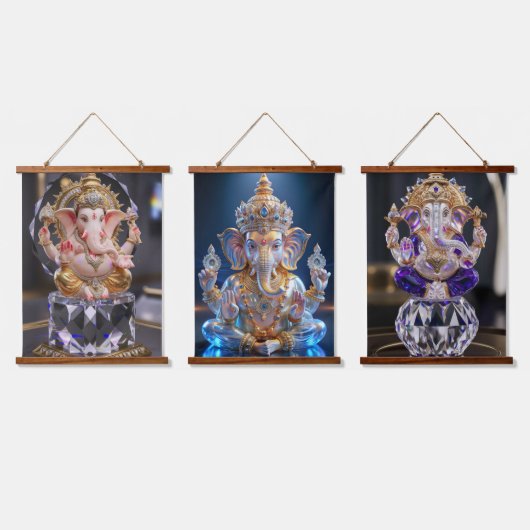 シュリー・ガネシャ卿クリスタル&ダイヤモンド彫刻 吊り下げ型タペストリー (トリプル)