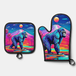 シュル鮮やかレアルなジャングルの中のネオン・ゴリラ 鍋つかみ&鍋敷きセット