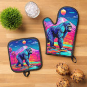 シュル鮮やかレアルなジャングルの中のネオン・ゴリラ 鍋つかみ&鍋敷きセット (トップダウン)