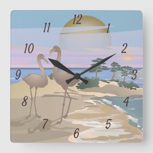 シュレアルウォーターカラーフラミンゴ海ビーチショアロウ スクエア壁時計 (正面)
