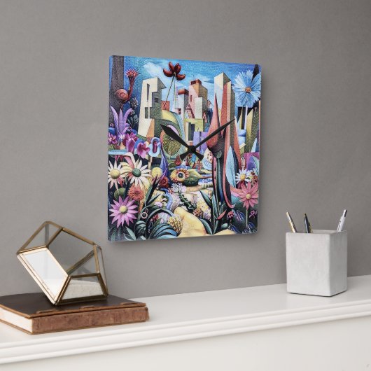 シュレアルガーデン – フローライラストレーションデザイン1 スクエア壁時計 (オフィス)