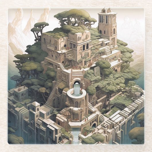 シュレアル幾何学都市景観ファンタジーアート ガラスコースター (正面)