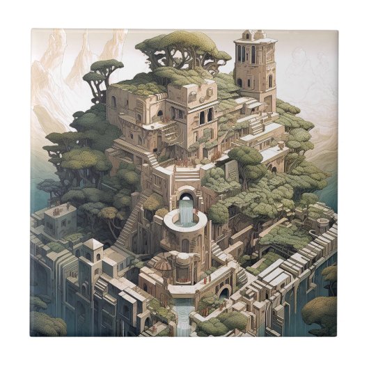 シュレアル幾何学都市景観ファンタジーアート タイル (正面)