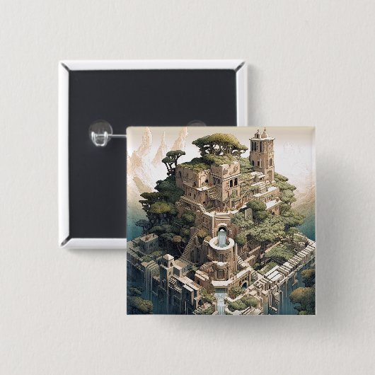 シュレアル幾何学都市景観ファンタジーアート 缶バッジ (正面&裏面)