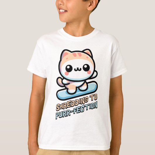 シュレッダーで破壊！かわいいスノーボード猫 Tシャツ (正面)
