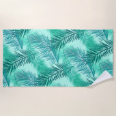 シュロの葉のプリント、コバルト、ターコイズおよび水 ビーチタオル (正面)