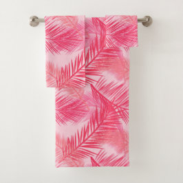 シュロの葉のプリント、珊瑚、モモおよびパステル調ピンク バスタオルセット