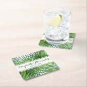 シュロの葉の緑の名前および日付の結婚式のコースター スクエアペーパーコースター (インサイチュ)