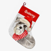 シューザー犬の背景の名前 ラージクリスマスストッキング (正面 (吊り時))