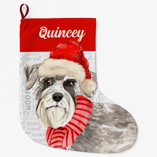 シューザー犬の背景の名前 ラージクリスマスストッキング (正面)