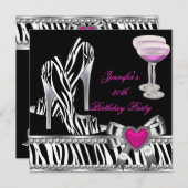 シューズピンク30th誕生日パーティーゼブラシャンパン 招待状 (正面/裏面)