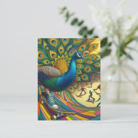 シュールおもしろいクジャクはテニスシュースケートボードを着用 ポストカード (スタンド正面)