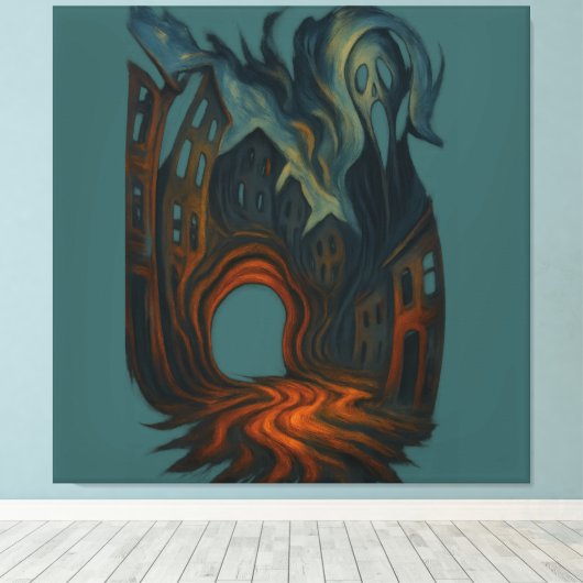 シュールなダークシティスケープアート 幽霊の人物画 キャンバスプリント (インサイチュ (ウッドフロア))