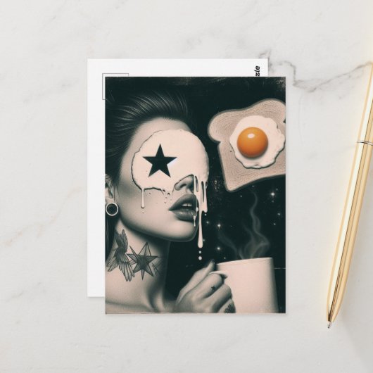 シュールなトーストと卵のコーヒー女性 ポストカード (正面/裏面インサイチュ)